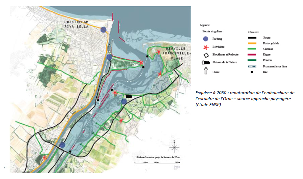 Esquisse à 2050 : renaturation de l’embouchure de l’estuaire de l’Orne – source approche paysagère (étude ENSP)